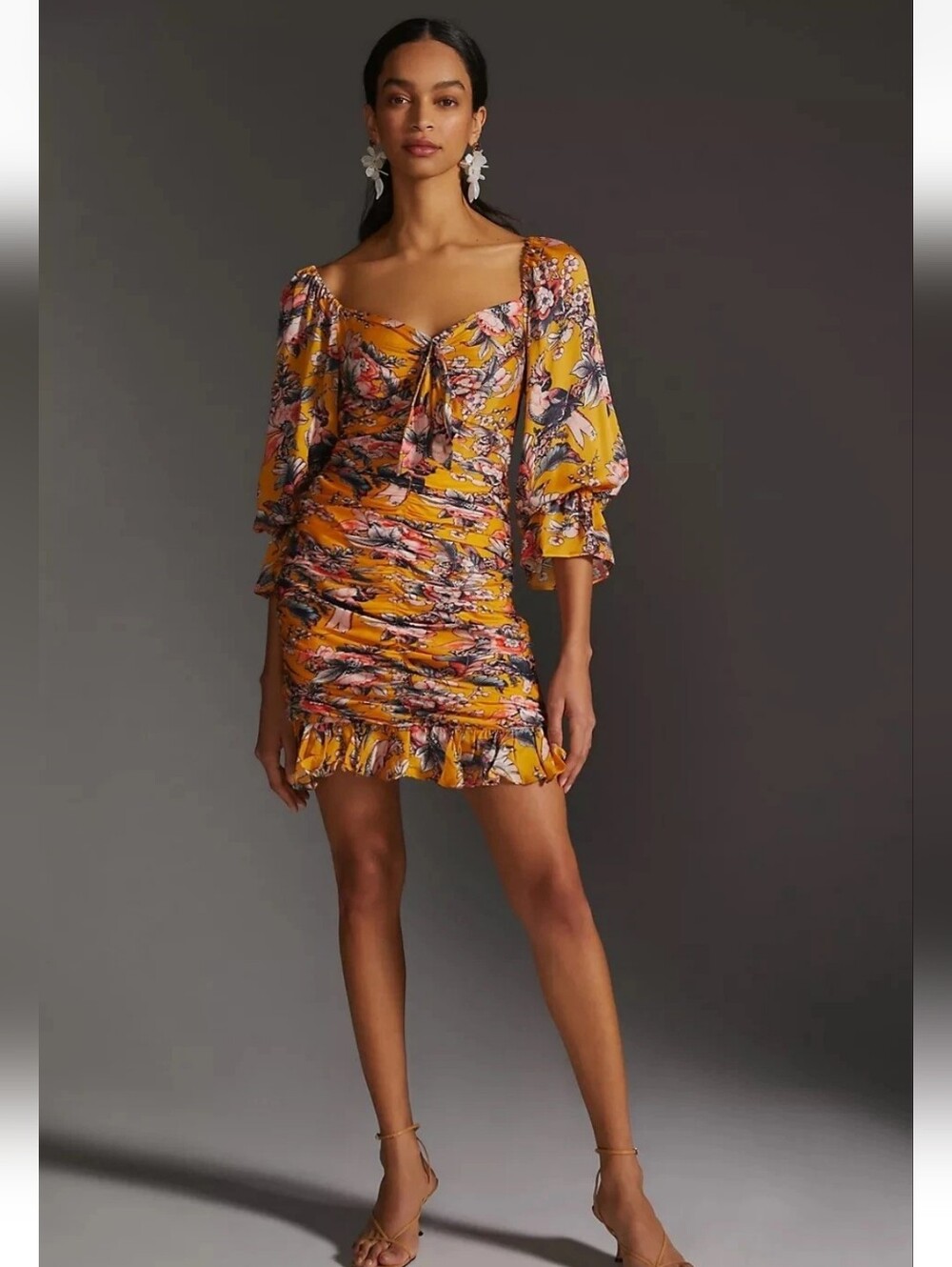 Anthropologie Mustard Floral Ruched Mini Dress